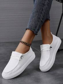 Women's 2025 New Style Classic Casual Comfortable Fashion Sneakers - Breathable, High Street Sneakers, With Elastic Band, Mesh Panels, Suitable For All Seasons, Round Toe, Fabric Upper, EVA Sole, Fashionable And Versatile Women's Sports Shoes, Student Shoes, White Sneakers, Suitable For Outdoor Walking And Street Wear All Year Round, Lightweight - White - View 2
