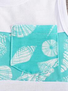 3pcs/Set Fashionable Baby Girl & Boy Shell Printed Top, Printed Shorts And Hat, Summer Outfit - Blue - View 5