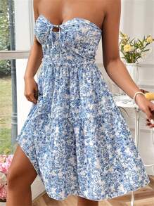 Women Y2K Mini Dress Floral Print Tie-Up Front Tube Dress Summer Fashion Casual Strapless Dress
