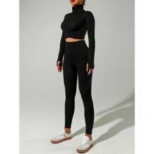 Three-Piece Set Women's Patchwork Zip Up Tracksuit, Jogging Suit, Thumb Hole Design Crop Yoga Jacket & High Waist Leggings & Wireless Sports Bra Set, Valentine's Day Gift, Jogging Suit, Ladies Sportswear, Valentine's Day Gift For Girl - Salmon Orange - View 9