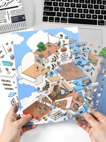 4pcs Infeel.Me PET 2.5D Mini House Scenery Stickers, 'Open Today' Series, Suitable For Gifts, Office, Home, Marking, Labels, Classrooms, Toys, Student Planner Decor, DIY Decorative Stickers