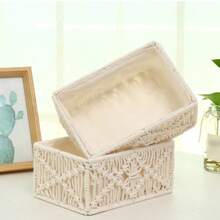 1pc White Rectangular Handwoven Rope Storage Basket, Delicate Handmade Desktop Organizer Box For Trinkets, Decorations, Jewelry And Small Items, Suitable For Daily Home Organization, Party Decoration And Holiday Storage - White - View 7