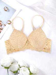 Women's Sexy Lace Push-Up Lingerie Bra, Cleavage & Side Support, Adjustable Straps, Minimizes Sagging, Nude Color Bridal Lingerie Bra