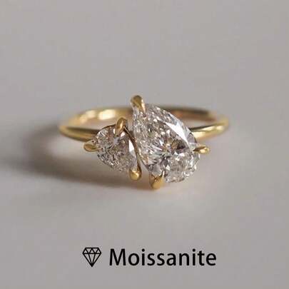 1 chiếc nhẫn bạc Sterling 925 đính đá đôi hình quả lê chất lượng cao dành cho nữ, 2 carat Moissanite hình quả lê, trang sức thiết kế tối giản theo phong cách Pháp, quà tặng kỷ niệm/đám cưới, bao gồm giấy chứng nhận Moissanite và hộp quà tặng sang trọng