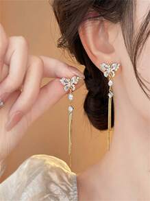 1 Pair Gold-Color Full Paved Rhinestone Butterfly & Tassel Drop Earrings