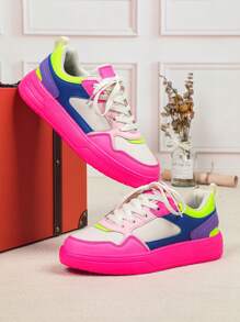 Fall/Winter Stylish Outdoor Skateboarding Shoes, Fashionable Dopamine-Inspired Color Blocking Design In Pink, Blue And Red, Elegant Sensitive Rubber Sole, Lace-Up Closure, Round Toe, Low-Top, Multi-Purpose, Suitable For Gift, Casual, Party, Women Athletic Sneakers - Pink Blue Rose Red - View 5