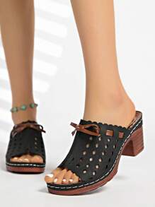 2025 New Summer Women Thick Heel Hollow Bowknot Sandals, Sexy Open-Toe High Heel Slippers