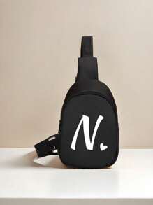 1 Shoulder Bag Mini Letter Heart Printed Chest Bag, Cute, Fashionable, Lightweight, Soft Wool Material Zipper Closure Chest Bag, Suitable For Boy And Girl Traveling, Vacationing, Outdoor, Backpacks, Giving Birthday Gifts To Family And Friends - AD03-036 Black Bag With White Small Love Letters - View 14