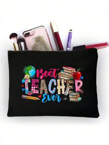 2 Pieces Teacher Appreciation Gift Set - Large Capacity Fashion Tote Bag With "Teacher" Print, Black Linen Coin Purse, Cosmetic Bag, Lining, And No Closure - Perfect For Educators And School Staff, Teacher's Thank-You Gift, Stylish Casual Accessories For Outings, Vacations, Daily Commute, Thank You Teacher Gifts - Black - View 16