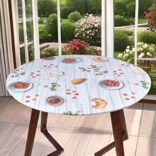 1pc Round PVC Tablecloth With Flannel Backing, Elastic Edge Design, Waterproof Oil-Proof Wipe Clean Vinyl Table Cover For Round Table