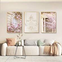 3 件粉色樱花春巴黎风景玫瑰牡丹帆布墙艺术画浪漫图片海报装饰 - 酒紅色 - 查看 4