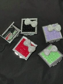 1 件蝴蝶结小镜子，新款法式方形金属小镜子，带闪亮水钻蝴蝶结，双面折叠便携式化妆镜，适合亲戚、朋友、同事、女朋友的装饰礼品 - 彩色 - 查看 3