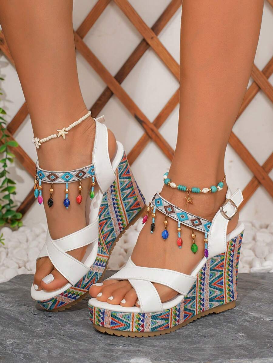 [2025 Summer New] Women's Light Blue Thick Sole Wedge Sandals, Bohemian Geometric Beaded Decor Beach Shoes, Contrast Color Block Platform Holiday Shoes With Foot Chain, Agile And Playful