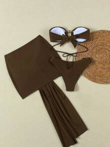 新款春夏性感纯色卡其色三件套比基尼泳衣，海滩度假派对约会装 - 卡其色 - 查看 6