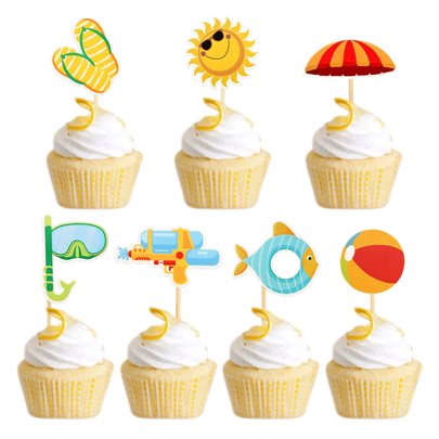 7pcs Printed Summer Cool Sun Umbrella Slippers Diving Mask Beach Cupcake Toppers, Hawaiian Theme Seaside Birthday Party Theme Decor