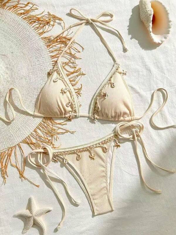 Ensemble bikini triangle à nouer pour femmes, couleur unie, patchwork, ruban et décoration de coquillage, convient pour les vacances d'été à la plage