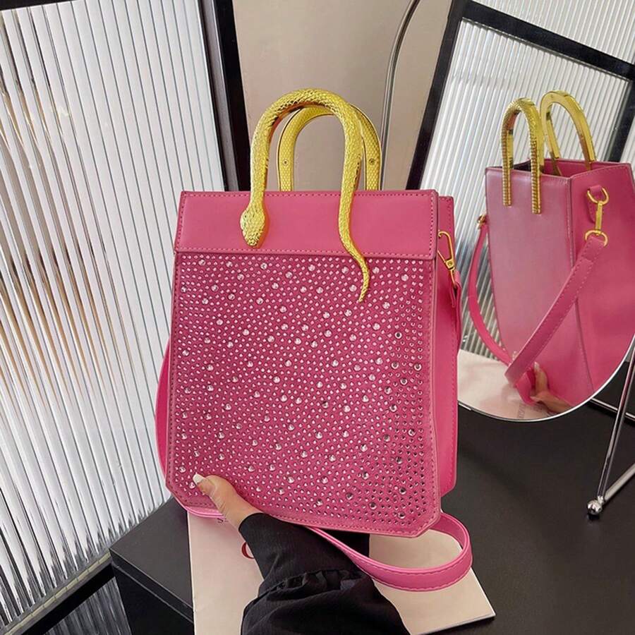 New Women's Bag With A Hard Handle Snakehead Handbag Fashionable Rhinestone Small Square Bag Single Shoulder Crossbody Bag - Pink2 - View 1