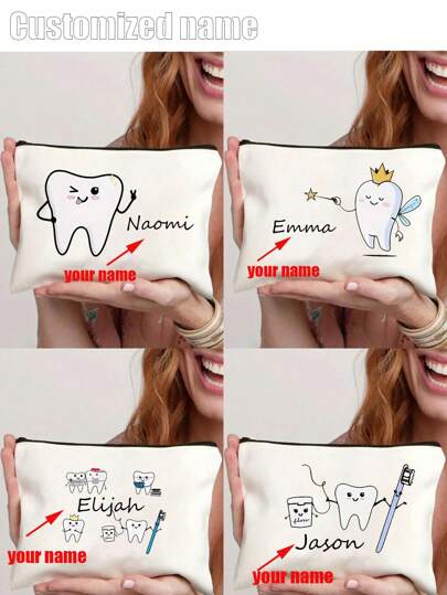 Customized Name Toothbrush, Tooth Print Cartoon Bag, Women's Cosmetic Bag, School Pencil Bag, Travel Toiletry Bag, Women's Reusable Toiletry Bag Storage Bag Handbag Coin Purse Party Gift School Pencil Case Dentist Gift Cosmetic Bag School Supplies Travel Essentials Cosmetic Bag Holiday Essentials Cosmetic Bag Cosmetic Storage Bag Holiday,Bags & Luggage,2025 Halloween Accessories,Large Capacity