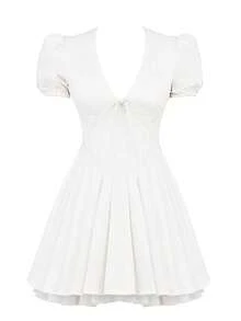 Women's Dress Festival Party Summer Sexy Elegant Puffed Sleeve V-Neck Pleated Short Dress - White - View 6