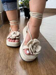 Women's Flower Lace-Up Platform Sandal - 黃麻 - 查看 3