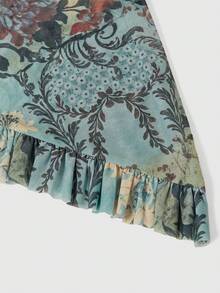 女式波西米亚风中长连衣裙秋季新品，休闲网眼 A 字形荷叶边下摆性感约会夜出圆领紧身裙 - 綠色 - 查看 5