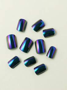 [24 件全覆盖按压指甲] 24 件极光绿色镀铬按压指甲套装 - 短款、亮面全覆盖丙烯酸假指甲，适合女士和女孩