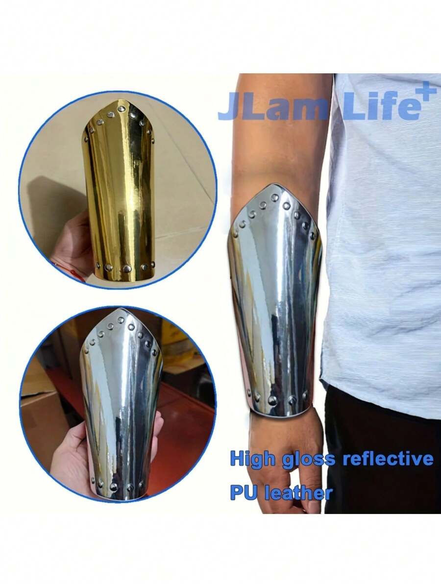 1pc Adjustable Silvery/Golden High-Intensity Faux Leather Wrist Guard Arm Pad Retro Rivet Wrist Guard Arm Halloween Nordic Viking Artistic Style Renaissance Cosplay Props Punk Arm Cosplay Props Costume Accessories, Without Battery - A - View 1