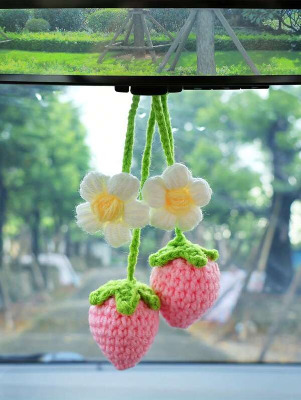 1pc Car Interior Pendant Cute Woven Strawberry Car Rearview Mirror Decoration Car Interior Pendant