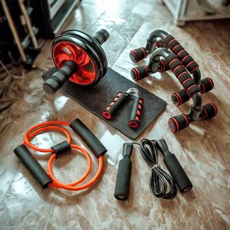 7Pcs/Set Home Gym Fitness Equipment Set, Mini Workout Tools Include Jump Rope, Grip Strengthener, Push Up Bar, Ab Wheel For Muscle Training, Sport, Gym, Home Exercise, Abdominal Wheel, Abdominal Roller