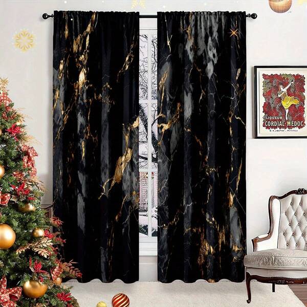 Set de 2 cortinas de poliéster con patrón de mármol negro y dorado, lavables, decorativas y artísticas, sin batería ni energía necesaria, tratamiento de ventana estacional para dormitorio, sala de estar y cocina