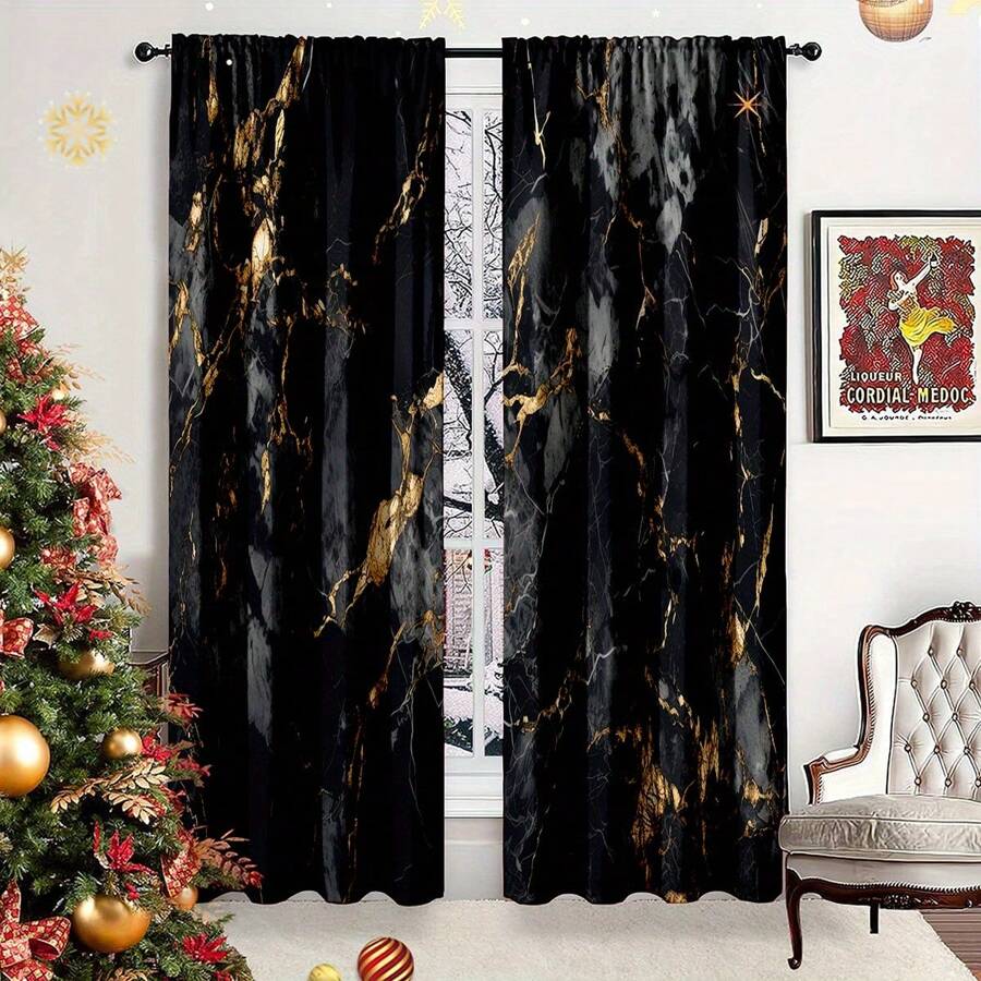 Set de 2 cortinas de poliéster con patrón de mármol negro y dorado, lavables, decorativas y artísticas, sin batería ni energía necesaria, tratamiento de ventana estacional para dormitorio, sala de estar y cocina