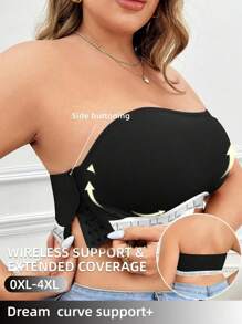 侧扣大码女士文胸、字母印花和纯色胸罩简约无钢圈内衣 - 黑色 - 查看 2