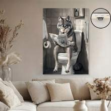 Framed Funny Cute Bathtub Toilet Wolf Look Newspaper Print Picture Poster Animal Lover Whimsical Bathroom Toilet Wolf Canvas Painting Wall Art Home Bathroom Room Decor Aesthetics, Creative Home Decoration, High Quality Decorative Posters, Dormitory, Gym, Bar, Cafe, Arcade, Room Living Room Wall Decoration Painting, Perfect Gift.