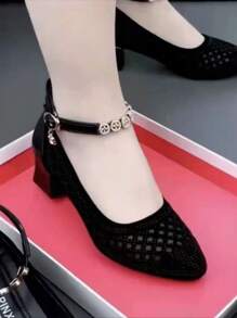 Black Mesh Hollow-Out Sandals, Soft Sole Fashion Mommy Stylish Flats For Summer 2025, Ladies Strappy Hollow Sandals New Summer Designs, Star Decor Mommy High Heel Sandals For Women