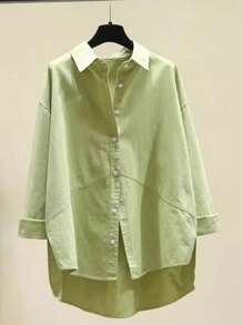 Cămașă casual pentru navetiști, cu mânecă lungă, cu umăr căzut, cu un singur piept - Verde - Vizualizare 1