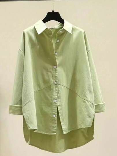 女士加大码纯色落肩长袖单排扣休闲通勤衬衫