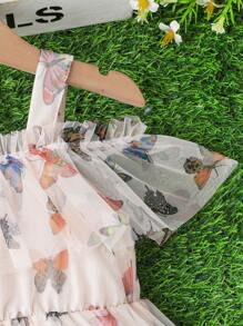 Summer Baby Girls Lovely Color Butterfly Print Mesh Hem Sleeveless Double Layer Mesh Dress, Fashion Cute Outdoor - Multicolor - View 3