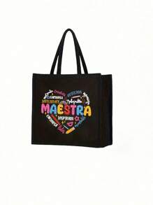 Maestra 手提袋和化妆包套装，包含 1 个手提袋和 1 个零钱包，大容量亚麻购物袋，饰有心形图案、铅笔、尺子、花朵、回形针图案，可收纳护肤品和化妆品。 - 黑色 - 查看 13