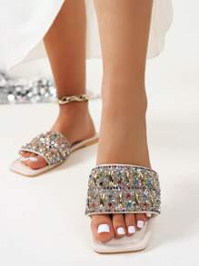 闪亮平底凉鞋，新款水晶带平底沙滩拖鞋夏季水鞋，时尚平底女士凉鞋 - 白色 - 查看 3