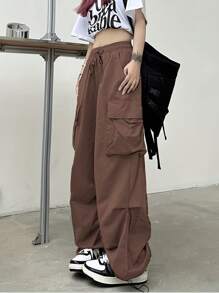 Women Parachute Drawstring Pockets Cargo Pantalones Casual Loose Fit Baggy Pants  Y2k Clothing - màu nâu - Xem 3