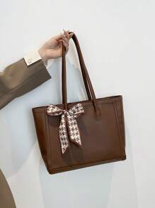 围巾装饰新款复古大号纯色单肩托特包女包，时尚金属链带斜挎单肩包，多用途双手柄休闲托特包单肩手提包，女士百搭工作包