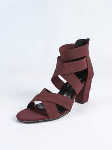 Burgundy Women's High Heel Sandals. Elastic Criss-Cross Strap Roman Sandals, Back Zipper Roman Sandals - Burgundy - View 2