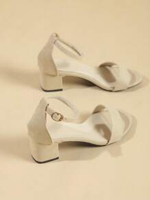 女士新款圆头可调节系带高跟凉鞋，夏季时尚休闲仙女风格粗跟百搭正装鞋 - 米色 - 查看 2