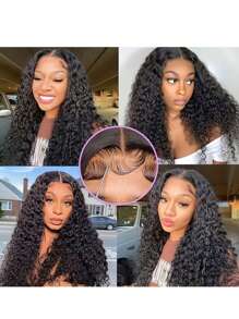 250% Density 4X4 Deep Wavy Wigs With Tiny Knots 100% Brazlilian Virgin Human Hair #1B Wave Lace Frontal Wigs Natural Color Glueless Pre Cut Wigs Pre Plucked With Baby Hair HD Transparent Lace Front Wigs For Women Long 40inch - Natural Black - View 5
