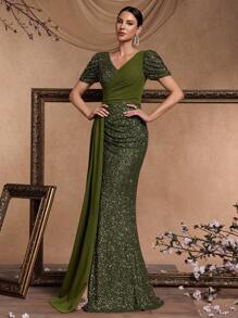 Vestido feminino elegante, de alta qualidade, com lantejoulas, contas, decote em V, manga curta, charmoso e luxuoso para coquetéis, vestido de noite formal com fenda alta e cauda de sereia, artesanato delicado (pesado), para convidadas de casamento - Verde Azeitona - Ver 4