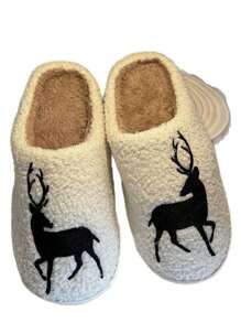 Outono/Inverno Novos Chinelos Grossos Forrados Térmicos Nó Morango & Veado, Pantufas Planas Antiderrapantes Quentes para Casa, Casais e Roupas de Maternidade - Preto - Ver 5