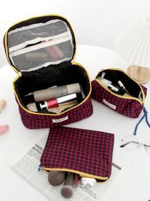 1 PC Set Of Red Checkered Pattern Makeup Bag, Checkered Decoration, Handheld Travel Makeup Bag, Simple Large Capacity Makeup Bag, Suitable For Wallets, Lipsticks, Sanitary Napkins, Mats, Coins, And School Dormitories. Suitable For Women, Girls, Students, And Holiday Gifts. Holiday Essentials Travel Essentials Travel Bag Travel Accessories - Red - View 8