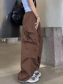 Women Parachute Drawstring Pockets Cargo Pantalones Casual Loose Fit Baggy Pants  Y2k Clothing - màu nâu - Xem 4