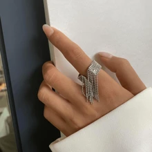 时尚不锈钢串珠流苏开口戒指，18K 金 INS 风格优雅戒指，可调节尺寸，百搭女士戒指