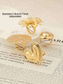 4pcs/Set Gold Flower & Heart Shaped Ring Set, Thick Boho Style Rings For Women, Spring/Summer - Gold - View 3